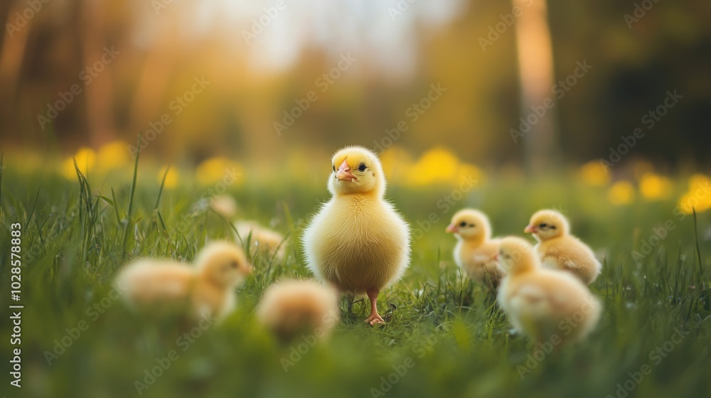 Yellow chick surrounded by other chicks near feeder Yellow chick surrounded by other chicks near feeder