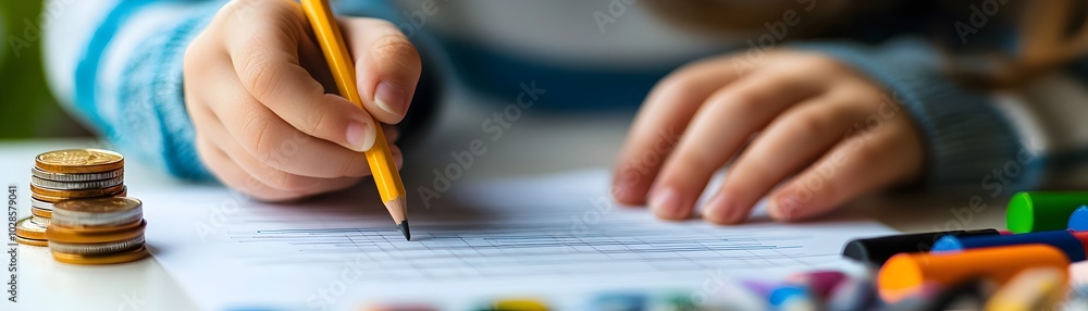 Child Carefully Filling Out Simple Budget Chart with Crayons Child Carefully Filling Out Simple Budget Chart with Crayons