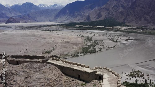 Drone view of Skardu Town and Indus River with mountain, from Kharpocho Fort, in Pakistan photo