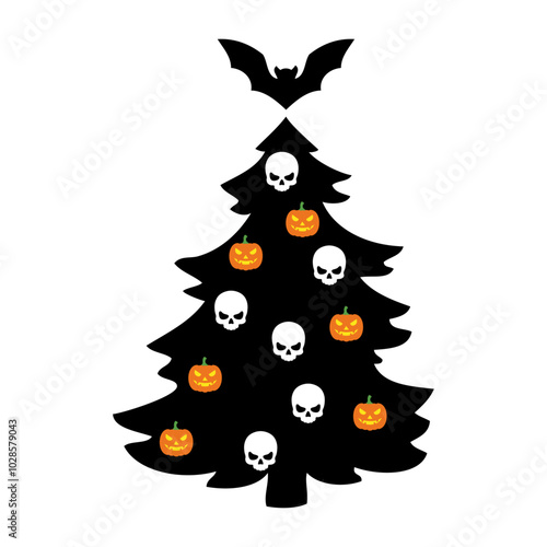 Logo con árbol de navidad decorado con murciélago, calavera humana y calabaza de Halloween como bolas de navidad