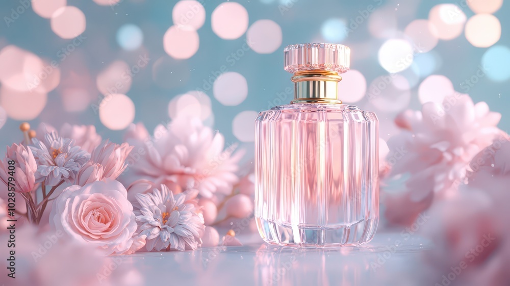 A sleek crystal clear perfume bottle with a golden cap, elegantly surrounded by soft petals and delicate light. A sleek crystal clear perfume bottle with a golden cap, elegantly surrounded by soft petals and delicate light.