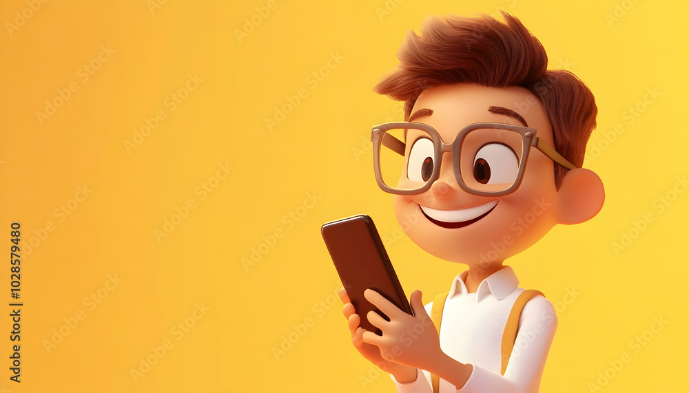 A fun cartoon character engaging with a smartphone, portrayed in a playful 3D style A fun cartoon character engaging with a smartphone, portrayed in a playful 3D style