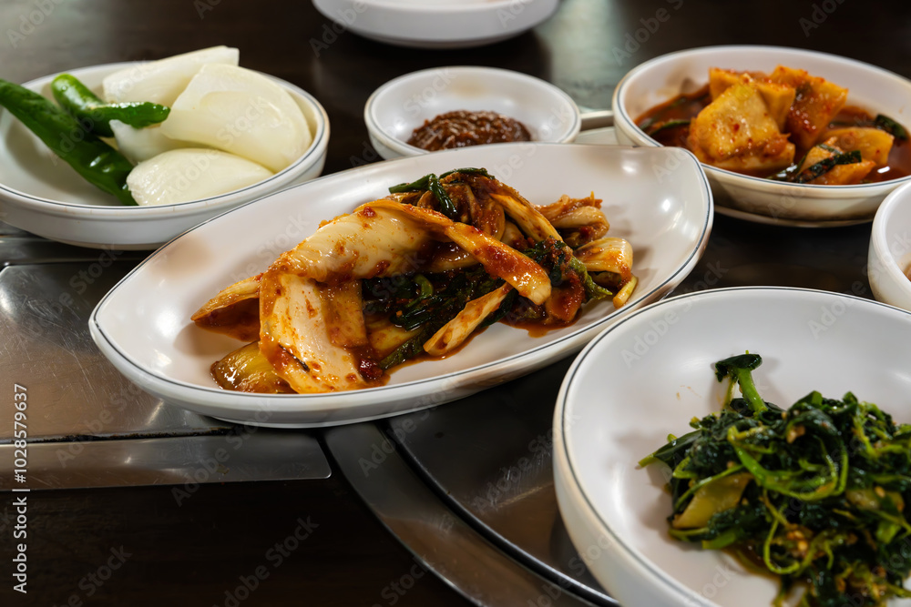 various side dishes including kimchi on the Korean food table various side dishes including kimchi on the Korean food table