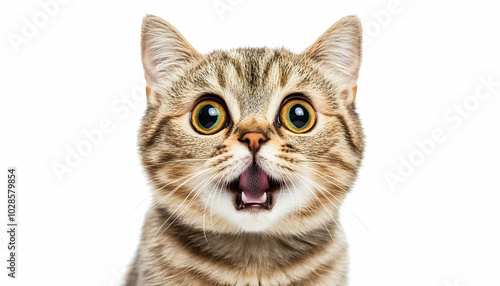 A funny and excited cat with a surprised expression, isolated on a white background. 