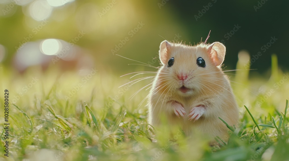 cute hamster with big eyes standing on grass, natural lighting, blurred background, cute hamster with big eyes standing on grass, natural lighting, blurred background,