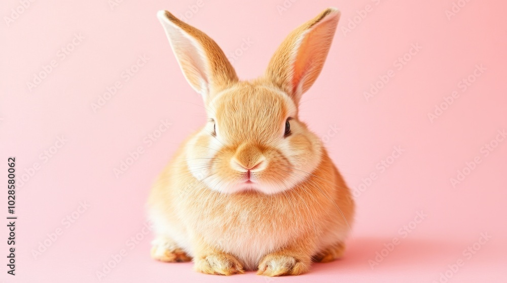 Stock minimalist photography of a bunny with closed eyes and a content expression, sitting on a light pink background under bright, soft lighting Stock minimalist photography of a bunny with closed eyes and a content expression, sitting on a light pink background under bright, soft lighting