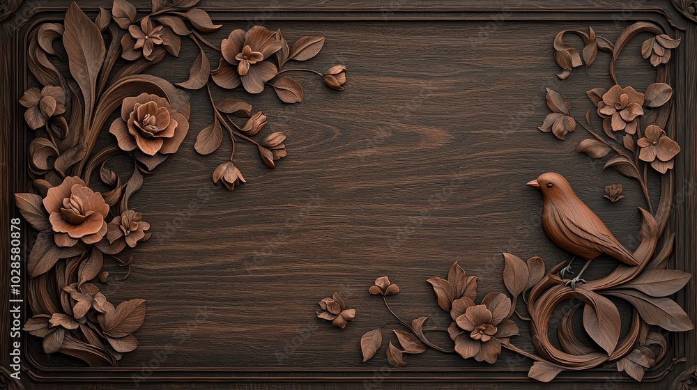 Intricate Carved Wooden Panel with Floral and Bird Design Intricate Carved Wooden Panel with Floral and Bird Design