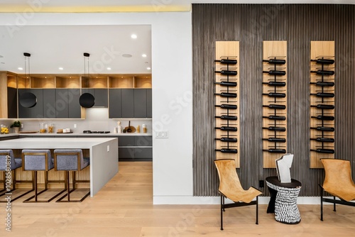 Modern kitchen interior with island and wine rack wall