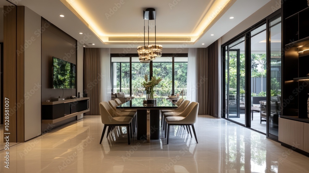 Modern Dining Room Interior with Glass Table and Chairs Modern Dining Room Interior with Glass Table and Chairs