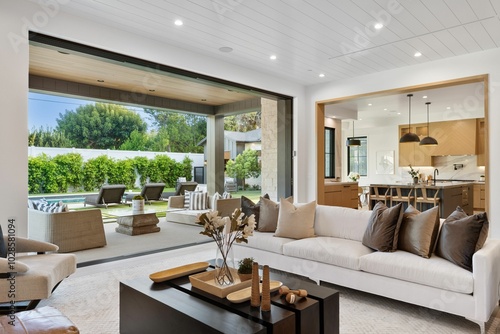 Modern living room with open sliding doors to patio and garden.