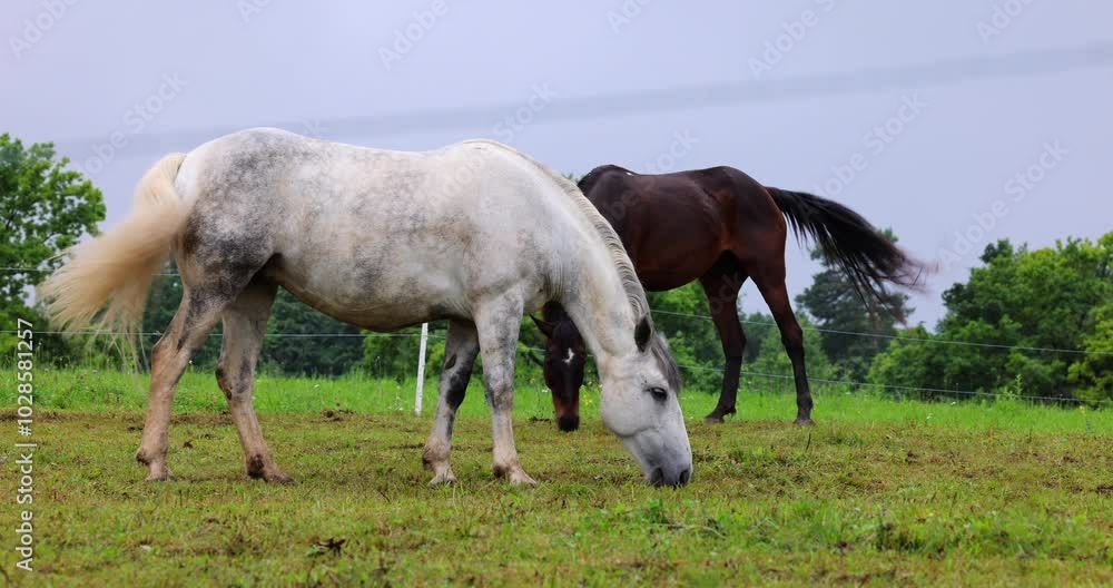 White and brown horses eating from grass in the pasture with trees and sky in the background White and brown horses eating from grass in the pasture with trees and sky in the background