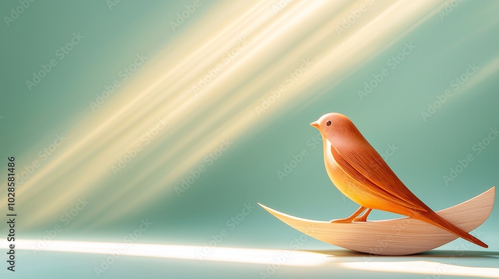 Fototapeta premium Wooden Bird Figurine on Crescent Moon with Light Rays