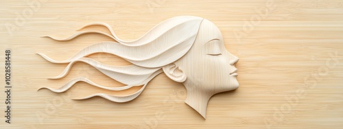 Wooden Woman Face with Flowing Hair Carving on Bamboo Background