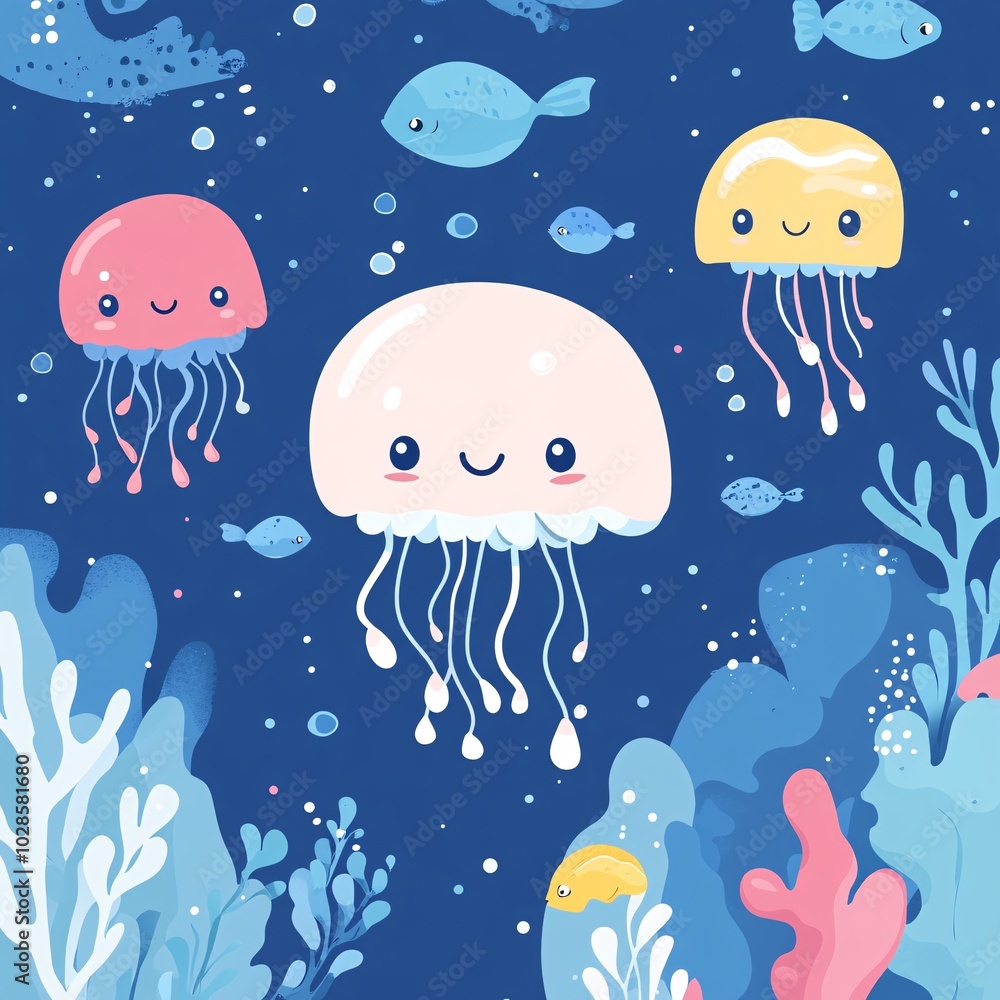 Cute Jellyfish Floating in Blue Water Background Cute Jellyfish Floating in Blue Water Background