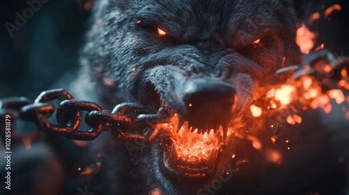 Fierce wolf with fiery eyes breaks free from chains in a dark, mystical forest at dusk