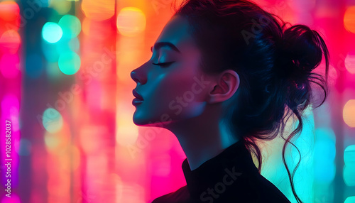 Romantic Profile of a Gentle Young Woman, Set Against a Futuristic Reflective Iridescent Background 