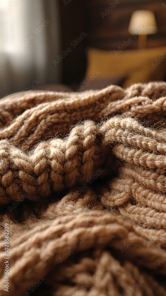 Close-up of a soft, brown knitted blanket, perfect for cozying up on a chilly evening. Close-up of a soft, brown knitted blanket, perfect for cozying up on a chilly evening.