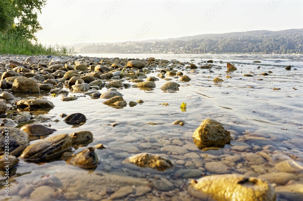 Serene lakeshore with pebbles and distant hills Serene lakeshore with pebbles and distant hills