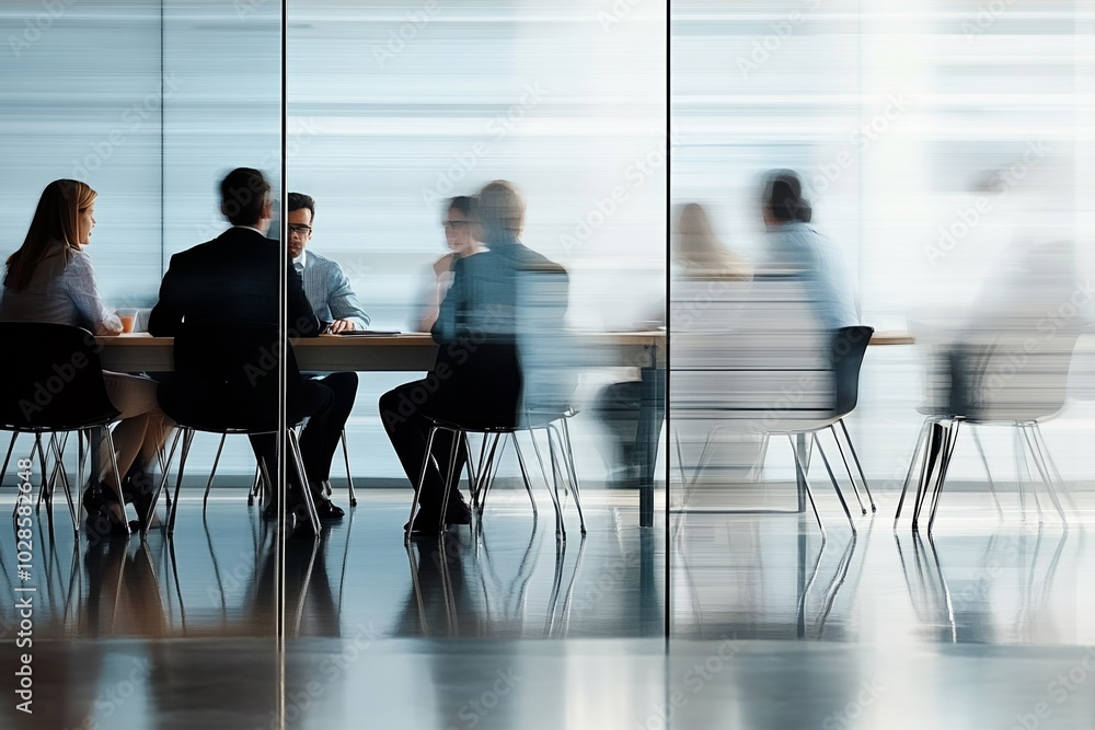 Business team engaged in a dynamic meeting within a conference room, featuring blurred motion and window reflections, showcasing a lively atmosphere. Business team engaged in a dynamic meeting within a conference room, featuring blurred motion and window reflections, showcasing a lively atmosphere.
