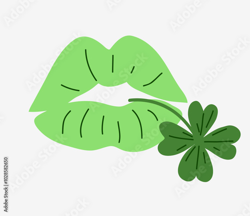 Beautiful green lip silhouette, with green clover shamrock leaf, isolated on white. Decorative print of female lips for St Patrick's day design. Kiss me, I'm Irish. Vector stock illustration.