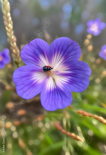 Close-up of a purple geranium flower blooming in a garden photo