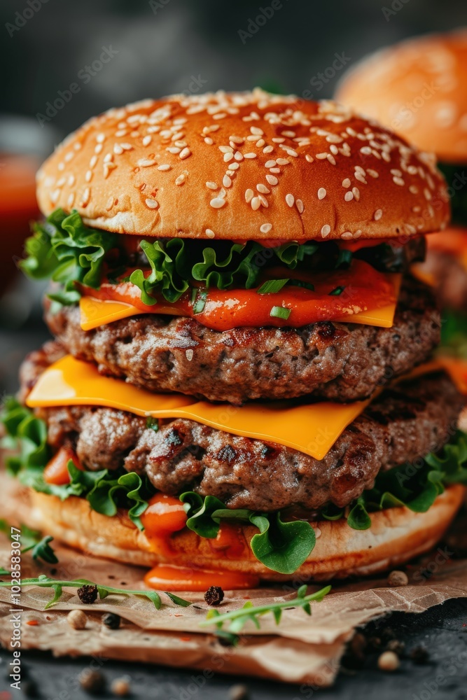 Delicious stacked cheeseburger with fresh toppings served at a casual dining setting Delicious stacked cheeseburger with fresh toppings served at a casual dining setting