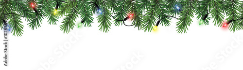 Christmas decoration seamless pattern with branches and colorful christmas lights isolated on transparent background