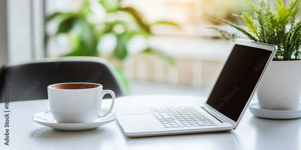 Blurred modern home office interior featuring a laptop and coffee cup on a white table, designed as a versatile banner background with ample copy space. Blurred modern home office interior featuring a laptop and coffee cup on a white table, designed as a versatile banner background with ample copy space.