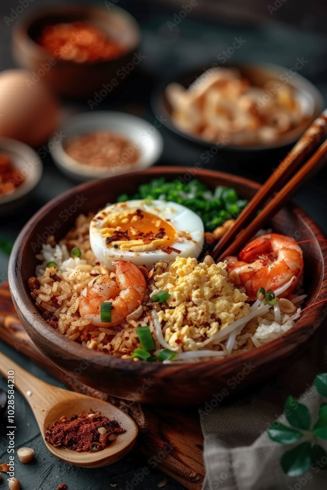 Delicious bowl of fried rice with shrimp and egg served in a rustic style Delicious bowl of fried rice with shrimp and egg served in a rustic style