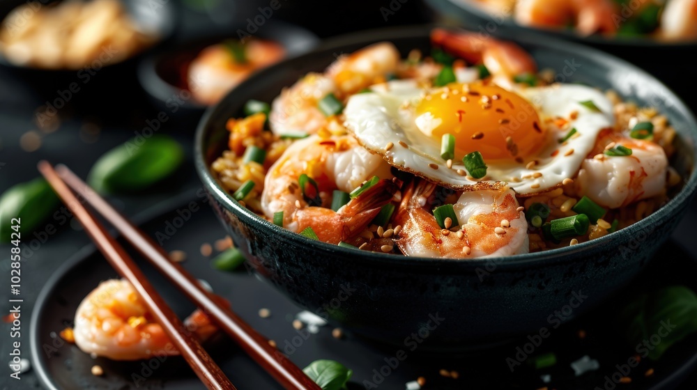 Delicious shrimp fried rice topped with a sunny-side-up egg in a stylish dining setting Delicious shrimp fried rice topped with a sunny-side-up egg in a stylish dining setting