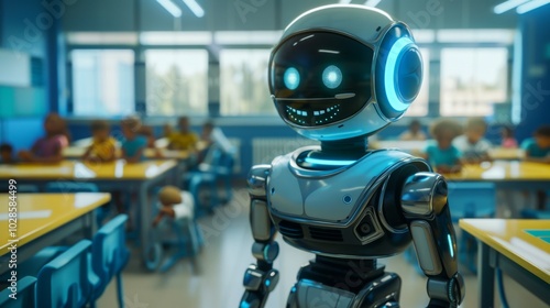 A robot is standing in front of a classroom full of children