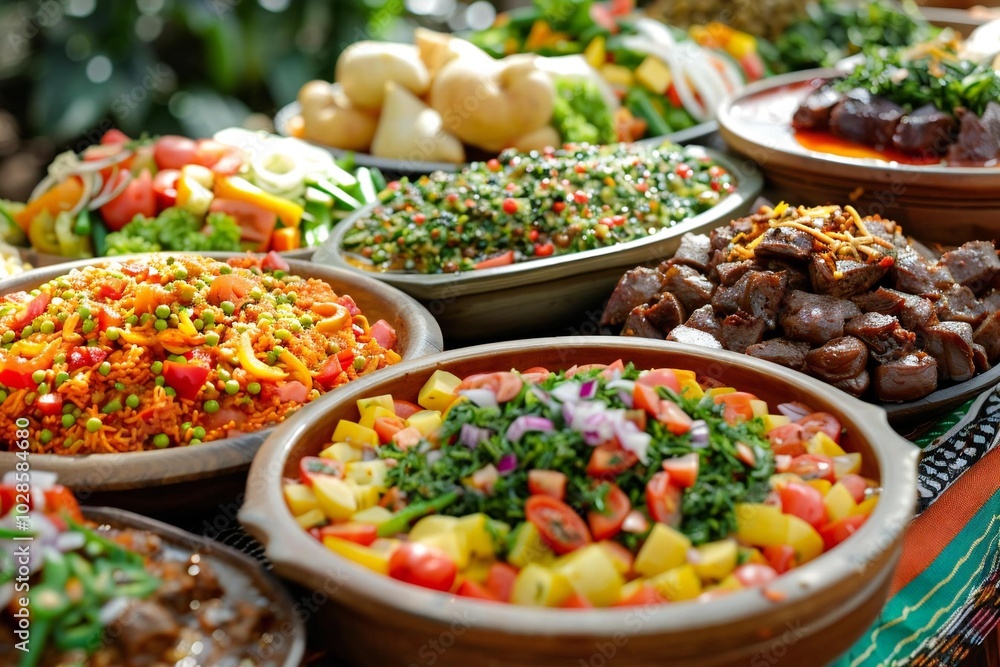 Independence Day (Tanzania). A close-up shot of traditional Tanzanian dishes laid out on a beautifully decorated table, showcasing the diverse and flavorful cuisine of the country. Independence Day (Tanzania). A close-up shot of traditional Tanzanian dishes laid out on a beautifully decorated table, showcasing the diverse and flavorful cuisine of the country.