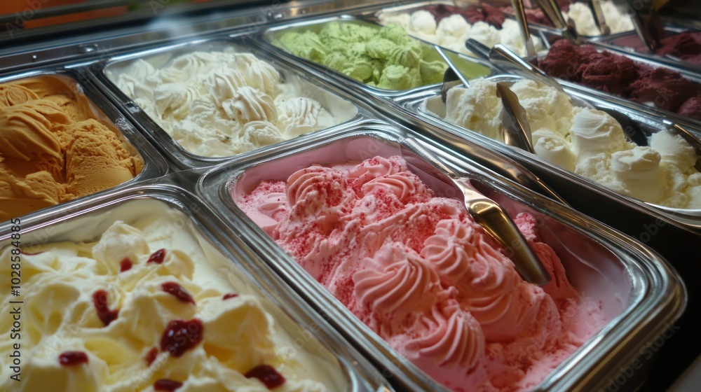 Assortment of Flavors in a Stainless Steel Ice Cream Display Assortment of Flavors in a Stainless Steel Ice Cream Display