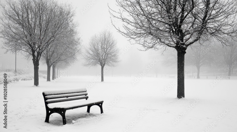 Tranquil Winter Scene with Snowy Bench and Trees Tranquil Winter Scene with Snowy Bench and Trees