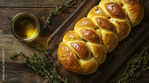 Braided brioche bread, isolated on a wooden background with decorative thyme sprigs and olive oil drizzle photo