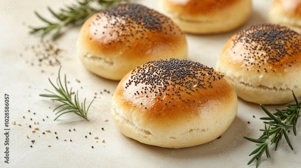 Brioche buns topped with poppy seeds, isolated on a pale beige background with decorative rosemary sprigs and sesame seeds Brioche buns topped with poppy seeds, isolated on a pale beige background with decorative rosemary sprigs and sesame seeds