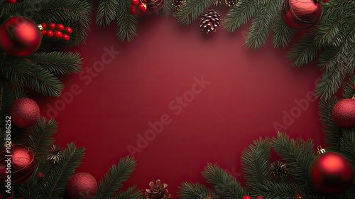 Red Christmas Ornaments and Pine Branches on Red Background