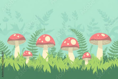 A cartoonish drawing of a field of mushrooms photo