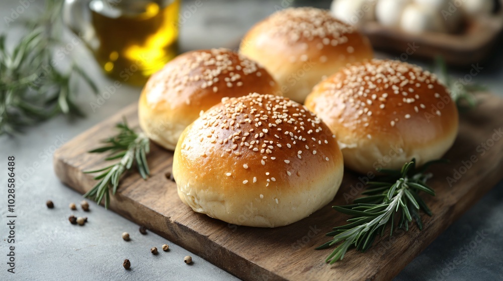 Brioche buns with sesame seeds, isolated on a wooden cutting board background with decorative rosemary and olive oil Brioche buns with sesame seeds, isolated on a wooden cutting board background with decorative rosemary and olive oil