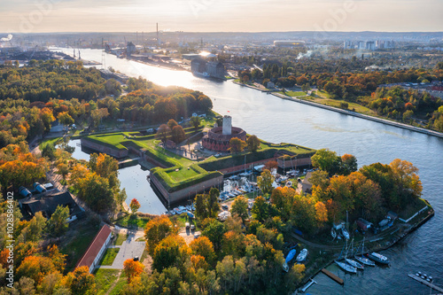 Wisloujscie fortress in autumnal scenery in Gdansk, Poland. Aerial view photo