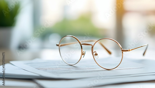 Stylish eyeglasses and important paperwork thoughtfully arranged on a desk 