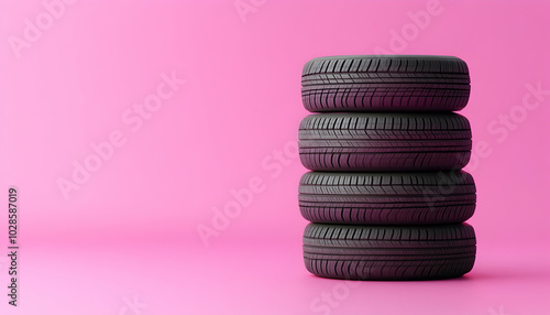 Summer Tires Stack on Pink Background, Clean Layout with Copy Space for New Wheels  