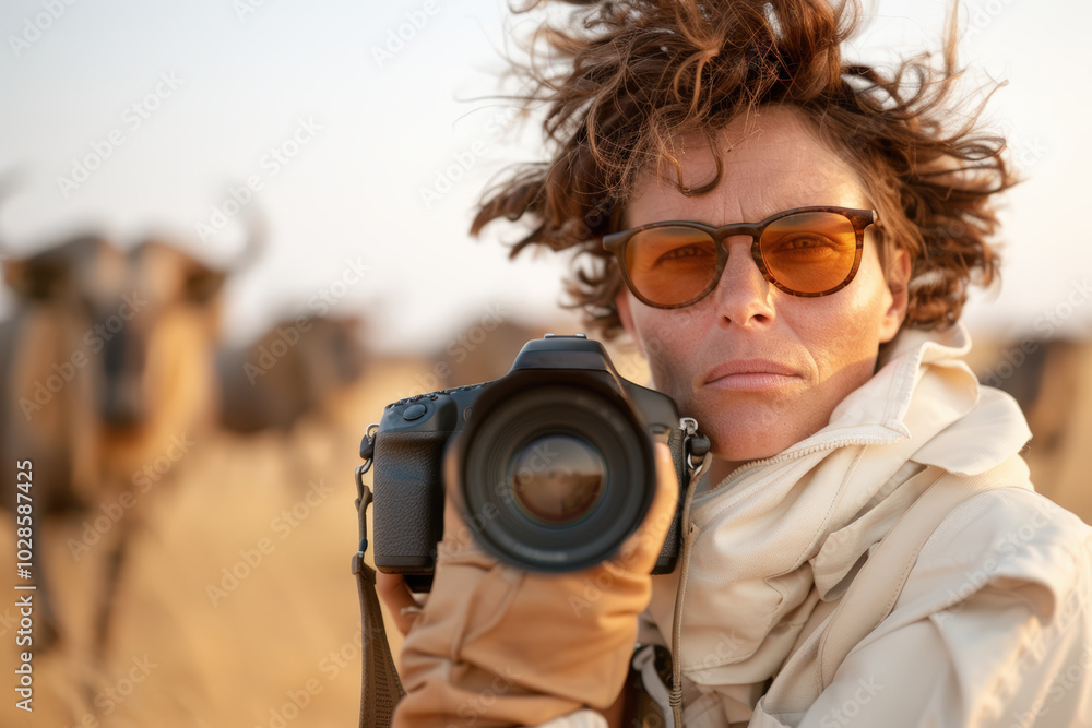 Obraz premium Wildlife photographer in the savannah capturing images of animals during golden hour