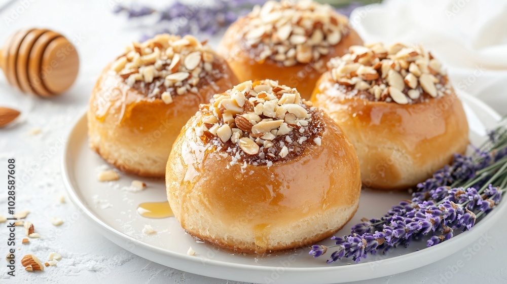 Brioche rolls topped with honey and almonds, isolated on a white plate background with decorative lavender sprigs and honeycomb Brioche rolls topped with honey and almonds, isolated on a white plate background with decorative lavender sprigs and honeycomb