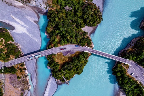 Obraz na płótnie Top-down cars driving over Rakaia Gorge Bridge over Rakaia River, New Zealand