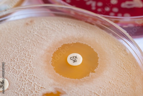 Fotografie Antibiotic disk diffusion test on agar plate