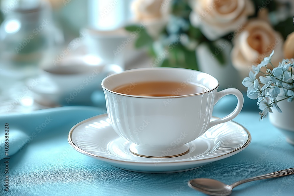A delicate teacup and saucer resting on a blue tablecloth, inviting relaxation and warmth during a peaceful afternoon tea A delicate teacup and saucer resting on a blue tablecloth, inviting relaxation and warmth during a peaceful afternoon tea