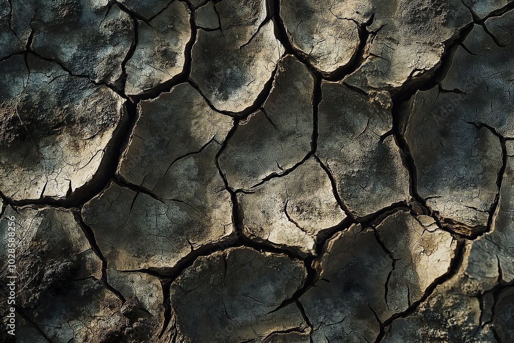 Detailed view of cracked sun-dried earth with deep crevices exposed during dry season, showcasing the effects of drought on the landscape Detailed view of cracked sun-dried earth with deep crevices exposed during dry season, showcasing the effects of drought on the landscape