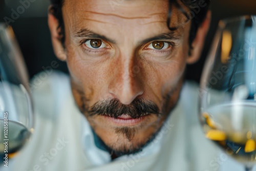 Fototapeta Naklejka Na Ścianę i Meble -  A chef showcasing two glasses of wine in a refined dining setting at sunset