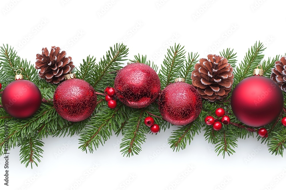 Festive banner displaying Merry Christmas with red ornaments and pinecones for holiday cheer Festive banner displaying Merry Christmas with red ornaments and pinecones for holiday cheer